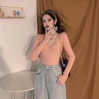 Pleated V-neck Knitted Bottoming Shirt Long Sleeve Sweater