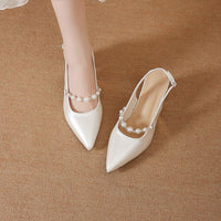 2026 Spring New Arrival Women's Pearl Pointed Toe Slingback Sandals, French Mary Jane Block Heels, One-Strap High Heel Sandals