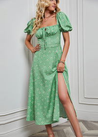 Puff-sleeve Strapless Floral Print Split Dress With Tie Closure And Short Sleeves