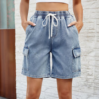 Washed Tied Elastic Waist Five-point Denim Shorts