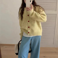 Round Neck All-matching Design Love Girl Buckle Knitted Cardigan Sweater Coat For Women