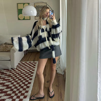 Loose And Idle Striped Sweater Cardigan With Scarf
