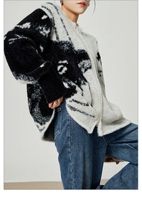 Grey Color Blocked Cardigan Sweater Round Neck Knit