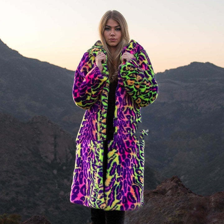 Fur Neon Leopard Print Furry Coat