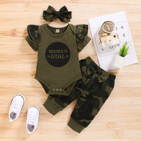 Short Sleeves For Baby And Infants Letter Romper Camouflage Pants Three-piece Set