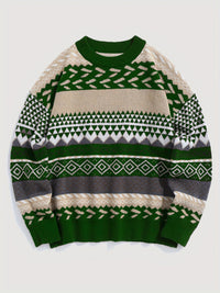 Pullover Round Neck Long Sleeves Contrast Color Diamond Patterns Sweater