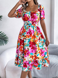 Women's Casual Floral Print Square Neck Short Sleeve Tie Waist Ruffle A-Line Dress