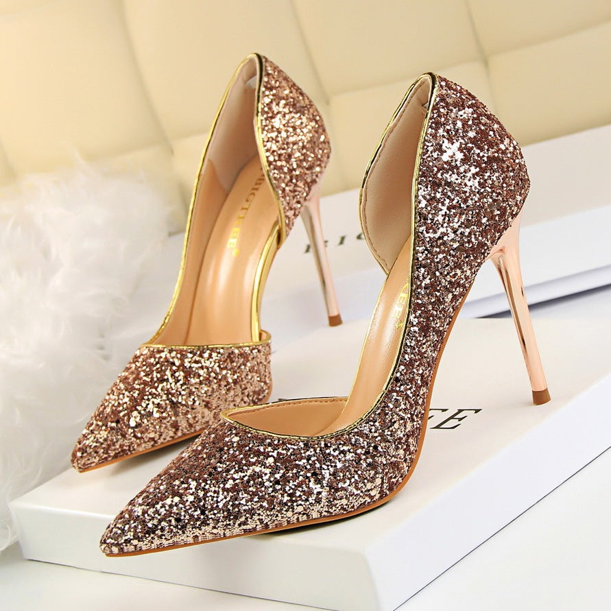 Skinny Women's Shoes Stiletto Heel Shallow Mouth Pointed Side Hollow-out Sequin