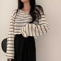 Off-neck Striped Ice Silk Sweater Loose Thin Type Sunscreen Blouse