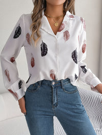 Women's Elegant Feather Print Notched Lapel Long Sleeve Shirt