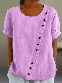 Womens Retro Cotton-Linen Short-Sleeve Shirt