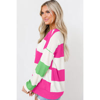 Spring Striped Drop-shoulder Long-sleeve Color Contrast Patchwork Pullover