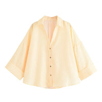 Women's Fashionable Slim-Fit Linen Multi-Color Striped Long-Sleeve Shirt