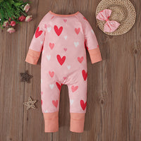 Love Pattern Long Sleeve Round Neck Jumpsuit Romper Bow Hair Band 2 Pieces