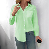 Lapel-collar Casual Pleated Loose-fitting Long-sleeve Womens Blouse