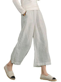 Solid-color Cotton-linen Relaxed-fit Casual Cropped Wide-leg Pants