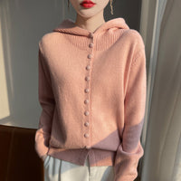 Womens Knitted Sweater Stylish Western Style Solid Color All Match Hooded Knit Cardigan