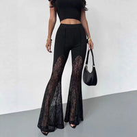 Black Lace Sexy Flared Pants Mesh Sheer