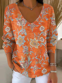 Drop Shoulder V-neck Long Sleeve Pullover 3D Digital Printing Women's Top T-shirt
