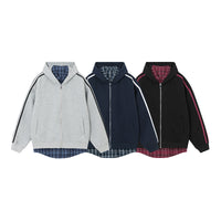 Spliced Plaid Blouse Hooded Cardigan Coat