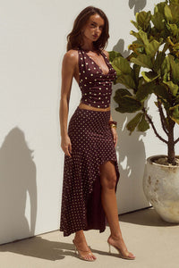 Lace Up Sexy Halterneck Polka Dot Pleated Top And Skirt Set