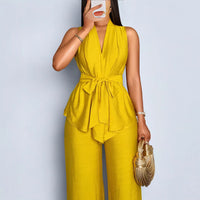 Elegant Solid-color Sleeveless Top With Tie Details And Wide-leg Pants Two-piece Set