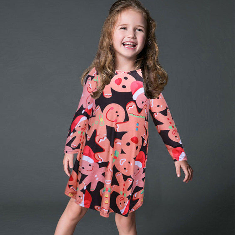 Fashion Casual Santa Printed Long Sleeve Girls Dress