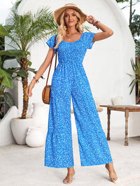 Printed Round Neck Smocking Jumpsuit Women's Clothing