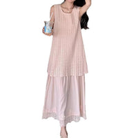 Lace-spliced Faux Two-piece Vest Dress For Curvy Ladies