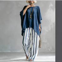New Striped Batwing-Sleeve Loose Cotton-Linen Two-Piece Set