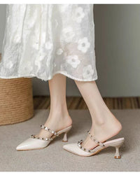 2026 Summer New Women's Rivet Pointed Toe High Heels, Stiletto Heel Open Back Sandals, One Strap Mules Slides For Outdoor
