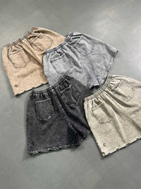 Retro Heavy Batik Stitching Washed And Worn Shorts Frayed Ripped