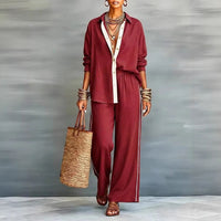 Contrast-color Casual Solid-color Loose Pants Two-piece Set