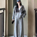 Casual Sportswear Lazy Style Loose-Fit Gray Hoodie With Wide-Leg Pants Two Piece Set
