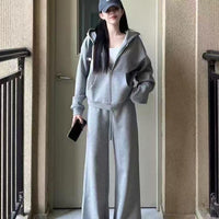 Casual Sportswear Lazy Style Loose-Fit Gray Hoodie With Wide-Leg Pants Two Piece Set