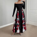 Off-shoulder Contrast-color Patchwork Long-sleeve Elegant Figure-flattering Dress