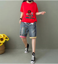 Women's Summer Ethnic Style Embroidered Denim Five-point Pants