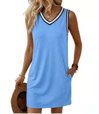 Women's Contrast-color V-neck Sleeveless Dress
