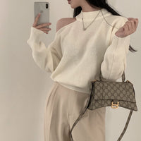 Retro Crew Neck Hollow Out Shoulder-baring Loose Sweater