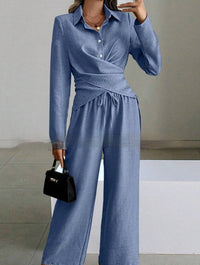 Women's Elegant Shirt Top And Wide-Leg Pants Two-Piece Set
