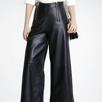 Solid-color Leather-patchwork Wide-leg Pants