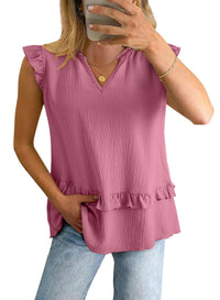 Womens V-Neck Ruffle-Trim Loose Casual Shirt