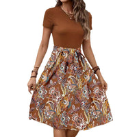 Fashionable Paisley-Print Colorblock Belted Dress