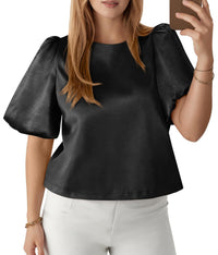 Womens Round-neck Satin Puffed-sleeve Pullover Doll Shirt Top