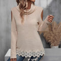 Lace Off-the-shoulder Long Sleeve Pile Collar Solid Color Top