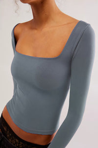 Women's Clothes Long Sleeve T-shirt Solid Color Bare Midriff Short Square Collar Top