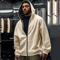 Men's Fleece-lined Loose Drawstring Hooded Zip-up Sweater