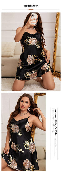 Women's Summer Plus Size Printed Ice Silk Nightdress