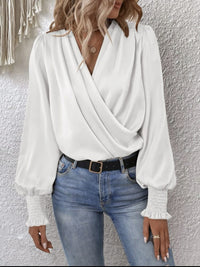 V-neck Pleated Lantern-sleeve Solid-color Blouse For Womenelegant And Professional