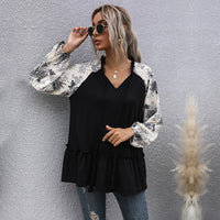 European And American Casual Top Loose-fit Patchwork Long-sleeve V-neck